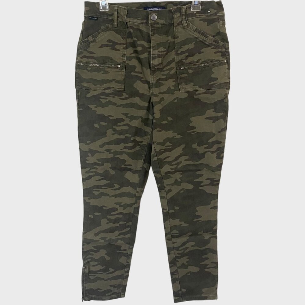 Calvin Klein Camo High-Rise Skinny Jeans Women's 31 Army Green Ankle-Zip Denim